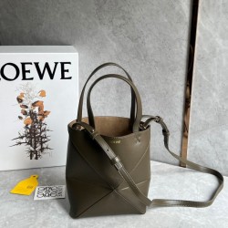 Loewe Mini Puzzle Fold Tote Bag in Dark Green Calfskin