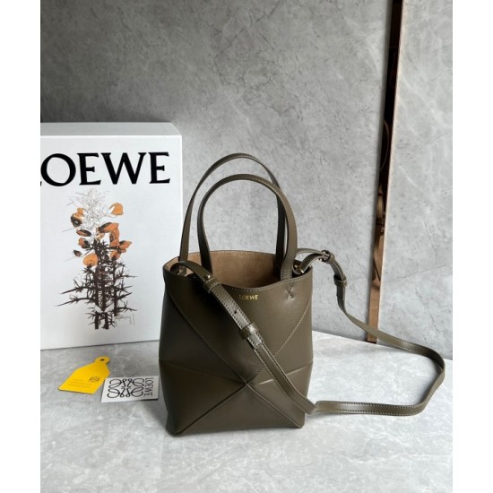 Loewe Mini Puzzle Fold Tote Bag in Dark Green Calfskin