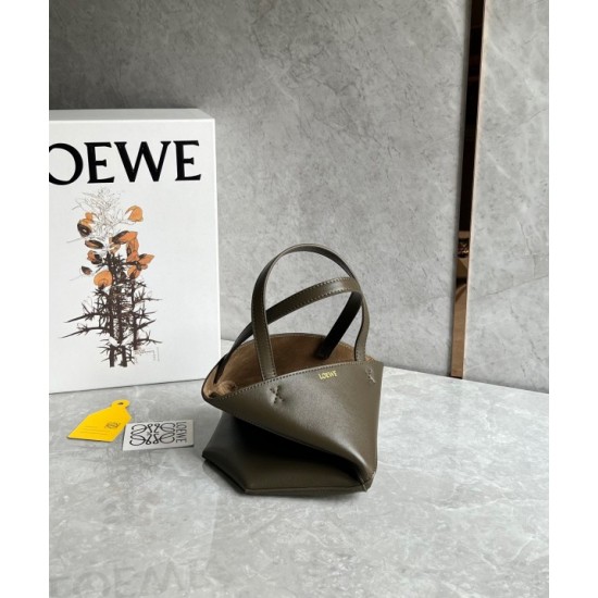 Loewe Mini Puzzle Fold Tote Bag in Dark Green Calfskin