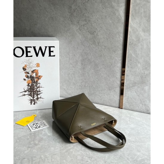 Loewe Mini Puzzle Fold Tote Bag in Dark Green Calfskin