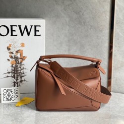 Loewe Puzzle Small Bag In Brown Satin Calfskin