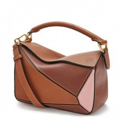 Loewe Small Puzzle Bag In Brown Pink Camel Calfskin