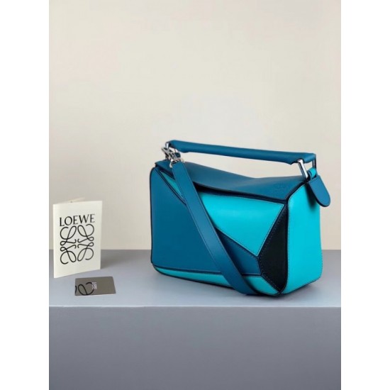 Loewe Small Puzzle Bag In Lagoon Black Blue Calfskin