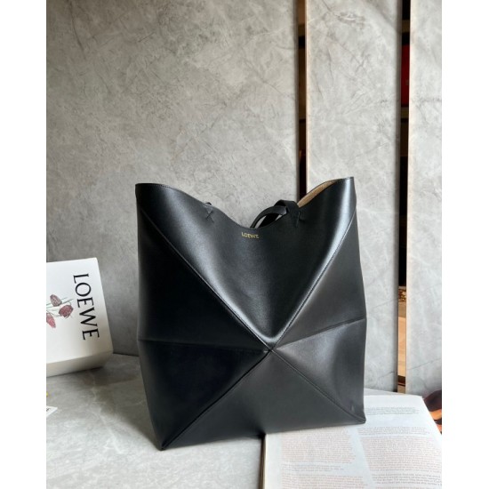 Loewe Large Puzzle Fold Tote Bag in Black Calfskin