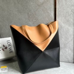 Loewe Large Puzzle Fold Tote Bag in Tan and Black Calfskin