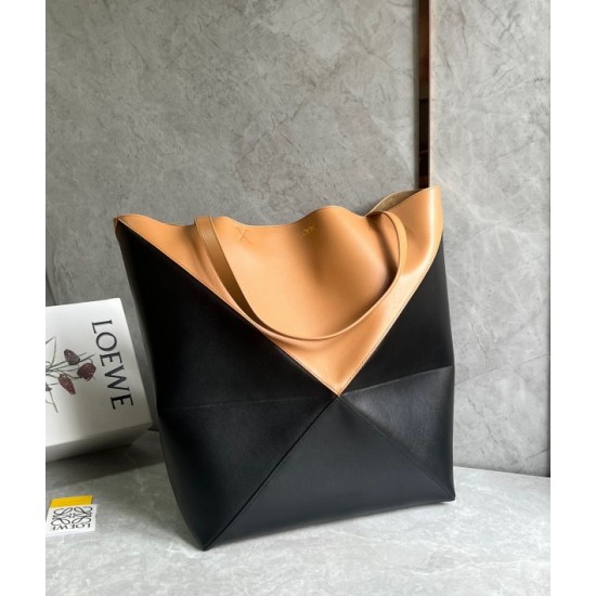 Loewe Large Puzzle Fold Tote Bag in Tan and Black Calfskin