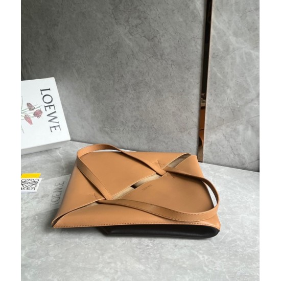 Loewe Large Puzzle Fold Tote Bag in Tan and Black Calfskin