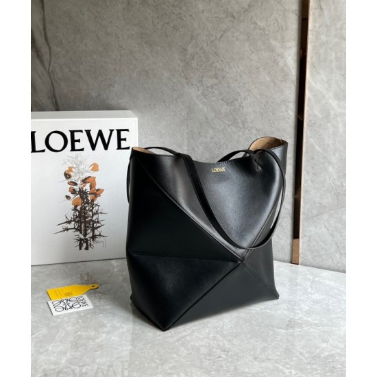 Loewe Medium Puzzle Fold Tote Bag in Black Calfskin