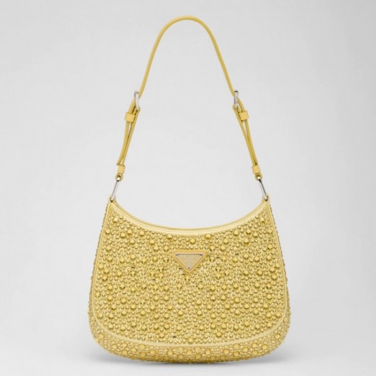 Prada Cleo Bag In Yellow Satin with Cystal Appliques