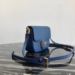 Prada Embleme Shoulder Bag In Blue Saffiano Leather