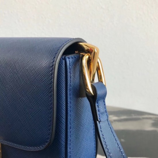 Prada Embleme Shoulder Bag In Blue Saffiano Leather