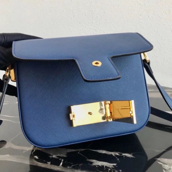 Prada Embleme Shoulder Bag In Blue Saffiano Leather