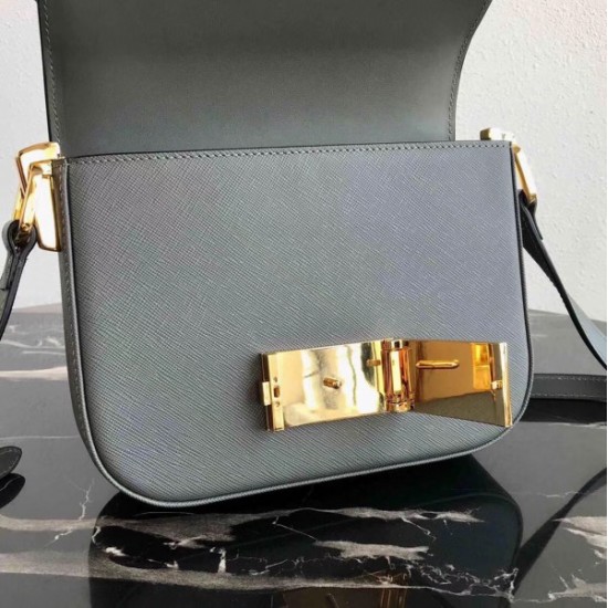 Prada Embleme Shoulder Bag In Grey Saffiano Leather