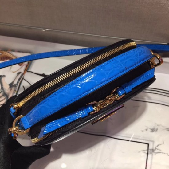 Prada Odette Black Saffiano And Blue Crocodile Bag