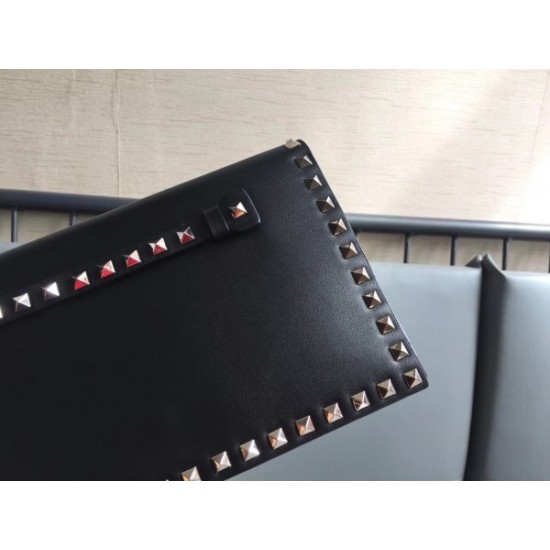 Valentino Medium Rockstud Clutch In Black Calfskin