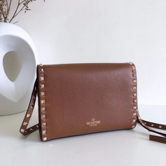 Valentino Rockstud Small Crossbody Bag In Brown Grained Leather