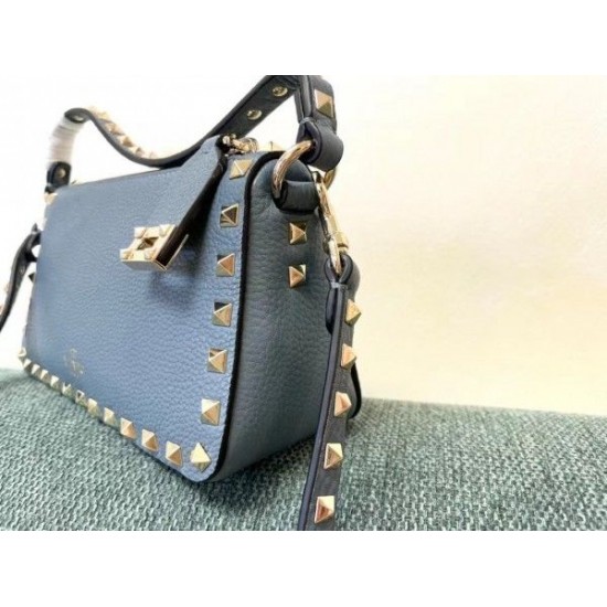 Valentino Small Rockstud Crossbody Bag In Blue Grainy Calfskin