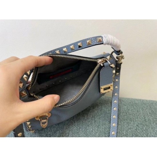 Valentino Small Rockstud Crossbody Bag In Blue Grainy Calfskin