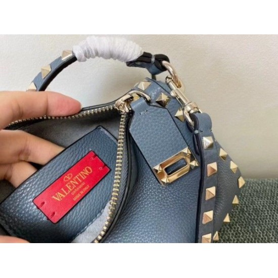 Valentino Small Rockstud Crossbody Bag In Blue Grainy Calfskin