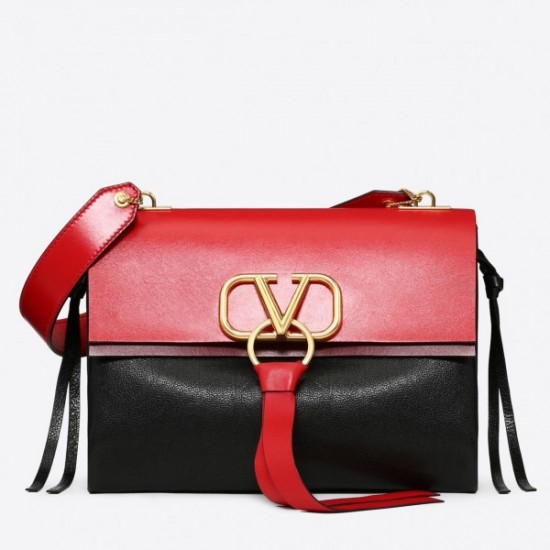 Valentino Garavani Red Black Medium VRing Shoulder Bag