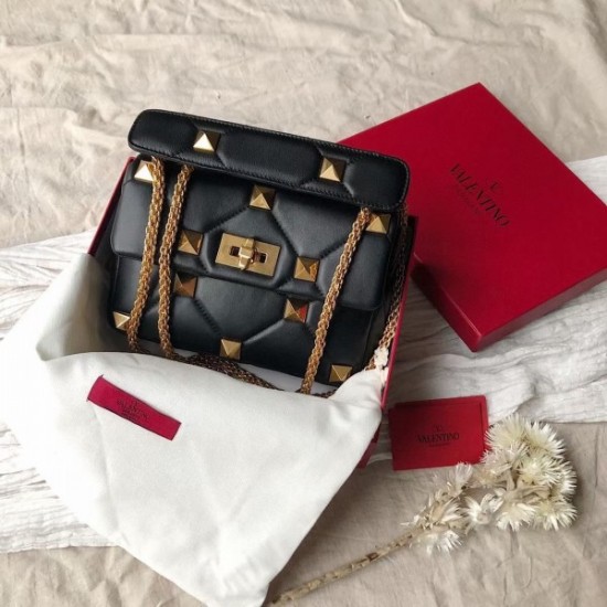 Valentino Medium Roman Stud Chain Bag In Black Nappa