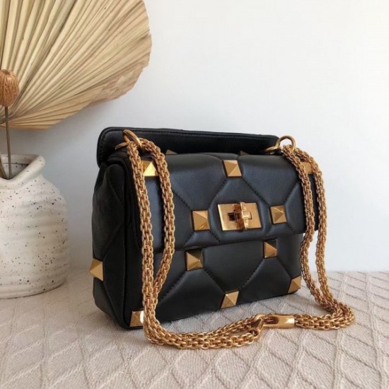 Valentino Medium Roman Stud Chain Bag In Black Nappa