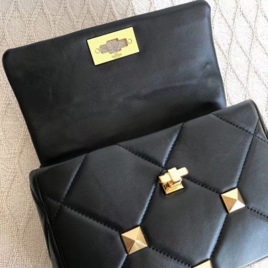 Valentino Medium Roman Stud Chain Bag In Black Nappa