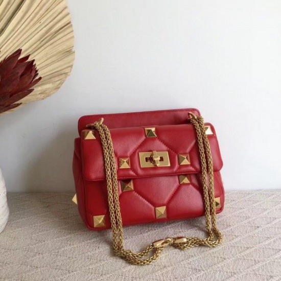 Valentino Medium Roman Stud Chain Bag In Red Nappa