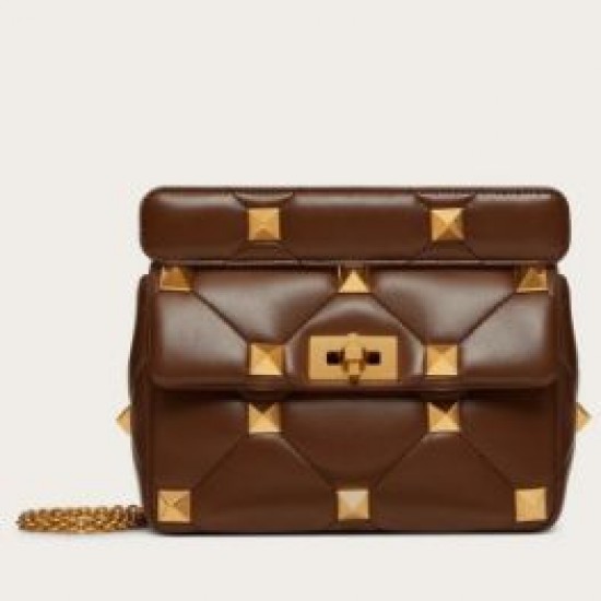 Valentino Medium Roman Stud Chain Bag In Teak Brown Nappa