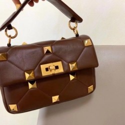 Valentino Medium Roman Stud Chain Bag In Teak Brown Nappa