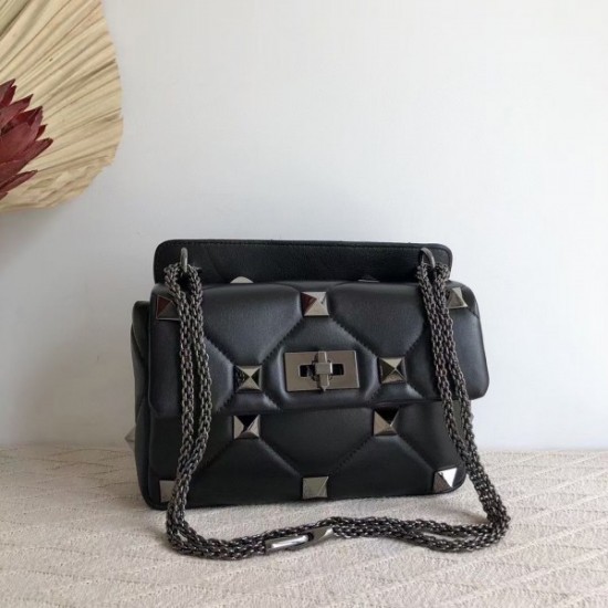 Valentino Medium Roman Stud Tonal Chain Bag In Noir Nappa