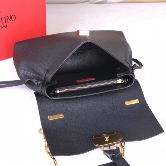 Valentino Medium VRing Chain Bag In Black Grainy Calfskin