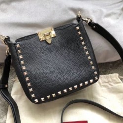 Valentino Mini Rockstud Hobo Bag In Black Grained Leather