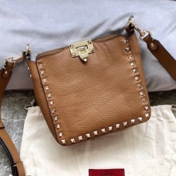 Valentino Mini Rockstud Hobo Bag In Brown Grained Leather