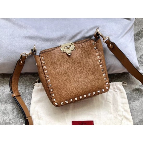 Valentino Mini Rockstud Hobo Bag In Brown Grained Leather