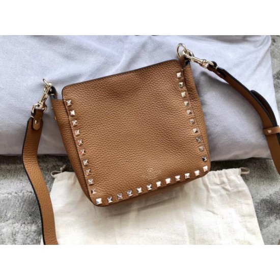 Valentino Mini Rockstud Hobo Bag In Brown Grained Leather