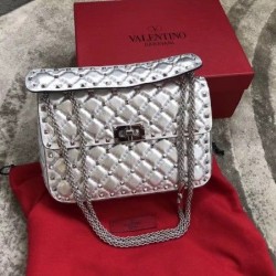 Valentino Rockstud Spike Medium Bag In Silver Metallic Lambskin