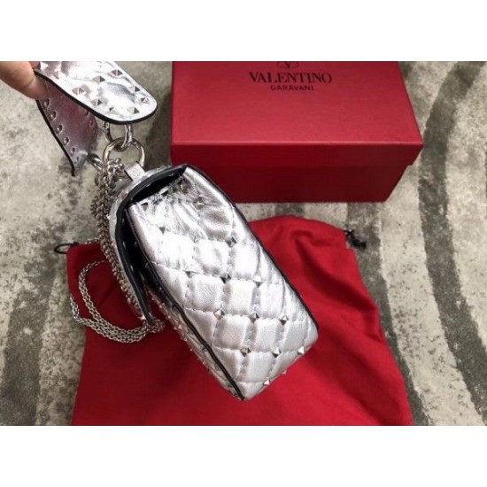 Valentino Rockstud Spike Medium Bag In Silver Metallic Lambskin