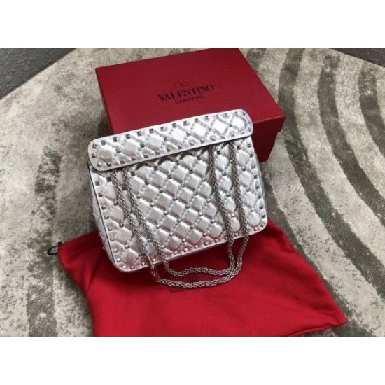 Valentino Rockstud Spike Medium Bag In Silver Metallic Lambskin