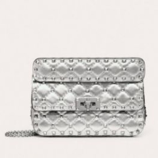 Valentino Rockstud Spike Small Bag In Silver Metallic Lambskin