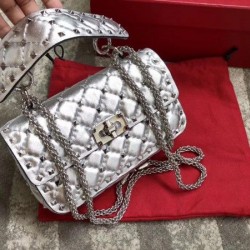 Valentino Rockstud Spike Small Bag In Silver Metallic Lambskin