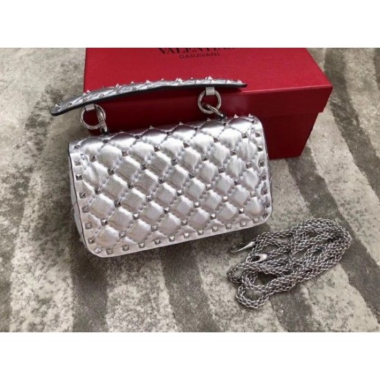 Valentino Rockstud Spike Small Bag In Silver Metallic Lambskin