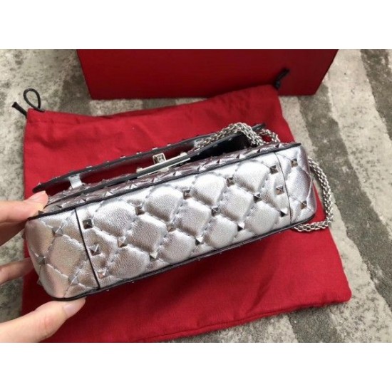 Valentino Rockstud Spike Small Bag In Silver Metallic Lambskin