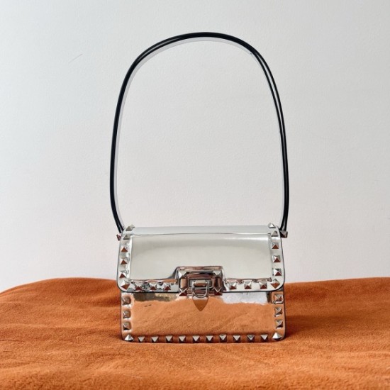 Valentino Rockstud23 Small Shoulder Bag in Silver Calfskin