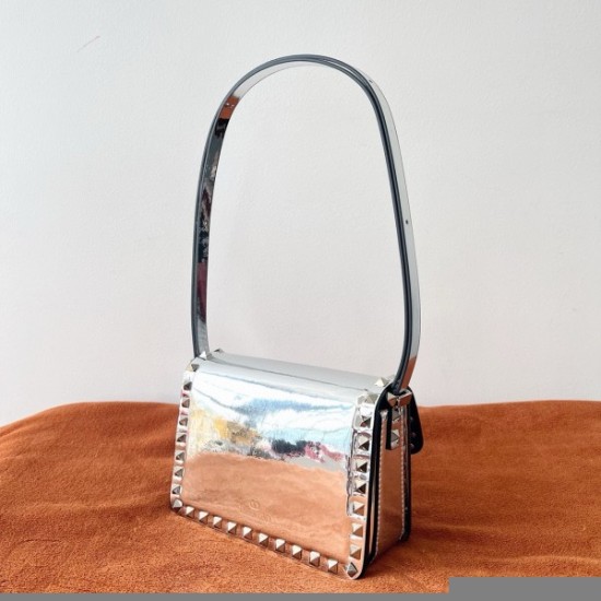 Valentino Rockstud23 Small Shoulder Bag in Silver Calfskin