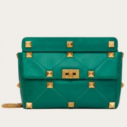 Valentino Roman Stud Chain Bag In Green Lambskin