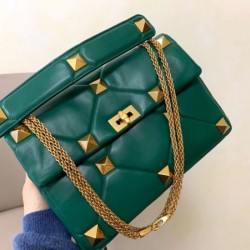 Valentino Roman Stud Chain Bag In Green Lambskin