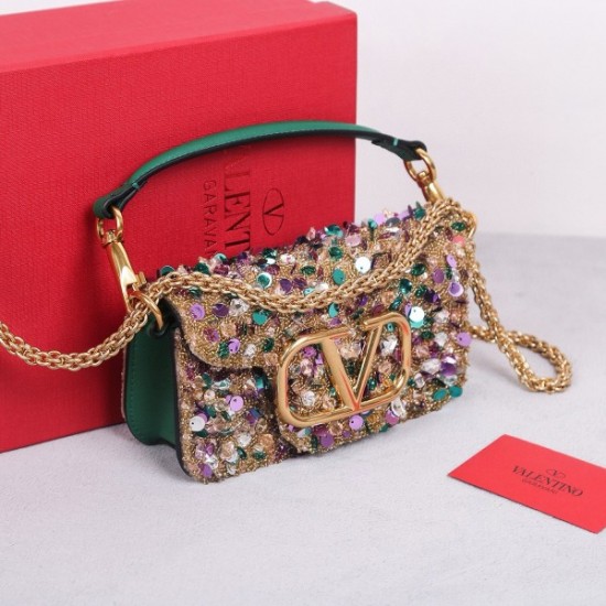 Valentino Small Loco Shoulder Bag with Gold 3D effect Embroidery