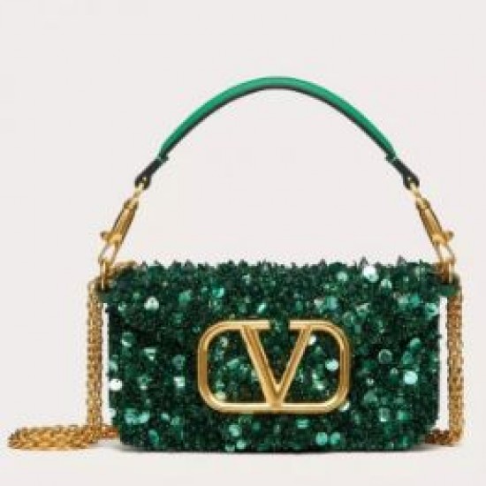 Valentino Small Loco Shoulder Bag with Green 3D effect Embroidery