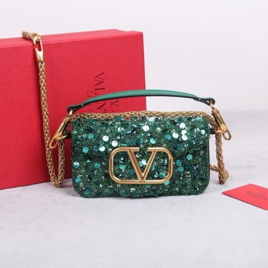 Valentino Small Loco Shoulder Bag with Green 3D effect Embroidery